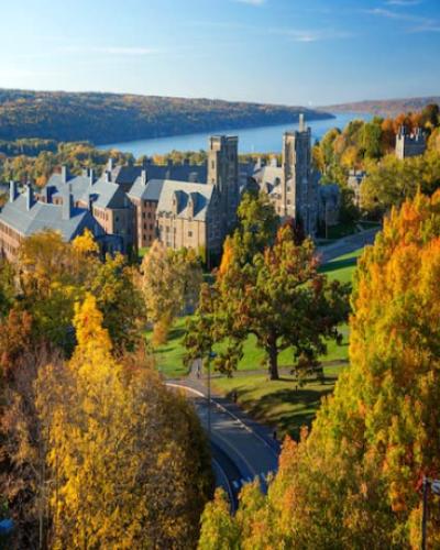 West campus in fall, with Cayuga Lake in the background. Credit: Robert Barker / Cornell Marketing Group